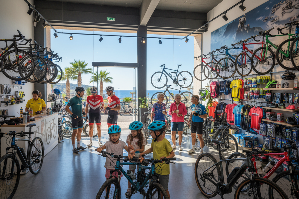 image for a bioke shop for cyclist at the costa blanca, divers audience and go=roups and assortment